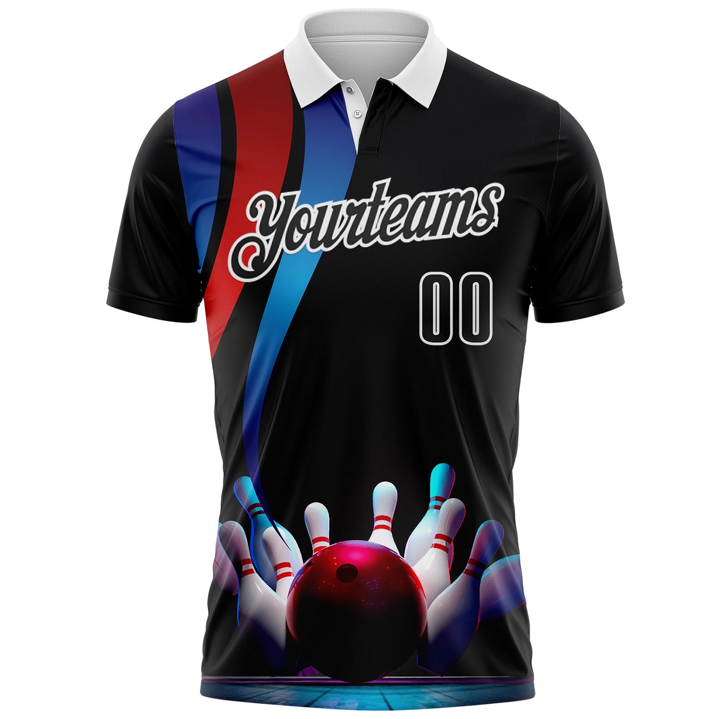 Custom Black Red Blue-White Bowling Strike American Inspired Performance Polo Shirt
