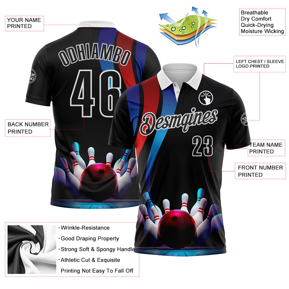 Custom Black Red Blue-White Bowling Strike American Inspired Performance Polo Shirt