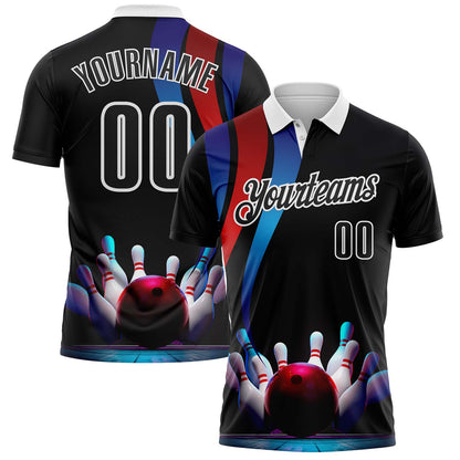 Custom Black Red Blue-White Bowling Strike American Inspired Performance Polo Shirt