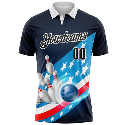 Custom Navy Black Blue Red-White Bowling Strike American Flag Performance Polo Shirt