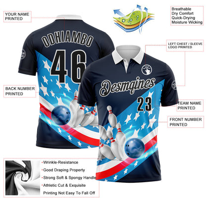 Custom Navy Black Blue Red-White Bowling Strike American Flag Performance Polo Shirt