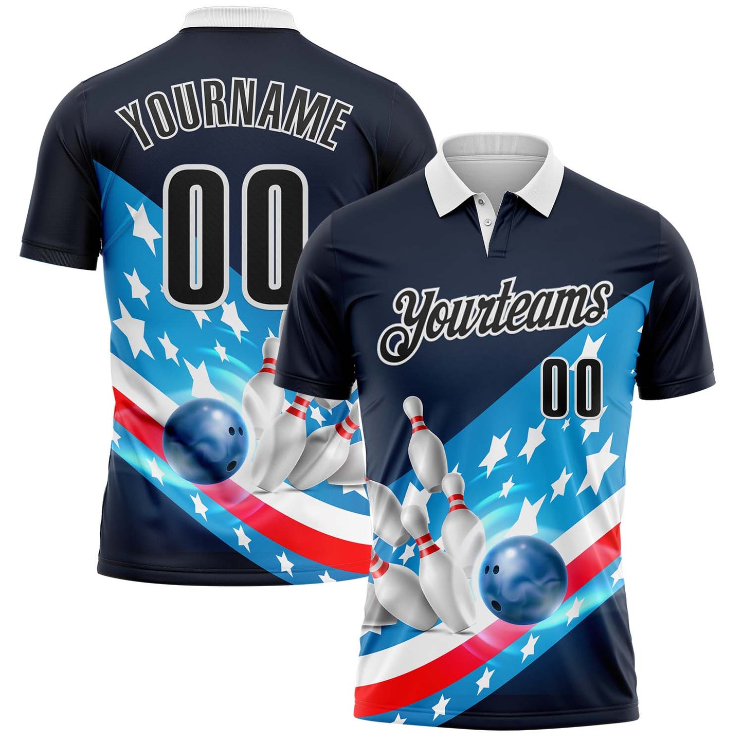 Custom Navy Black Blue Red-White Bowling Strike American Flag Performance Polo Shirt