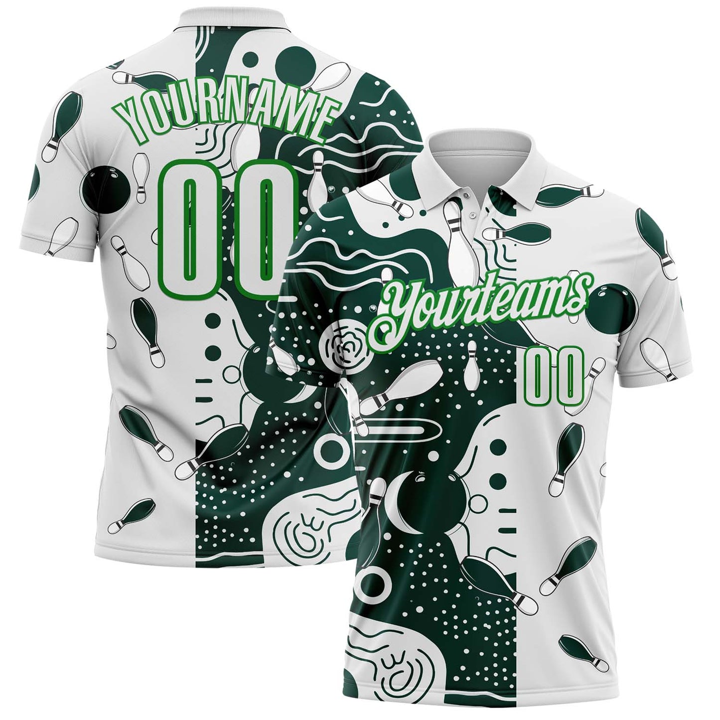 Custom White Green-Grass Green Bowling Abstract Performance Polo Shirt