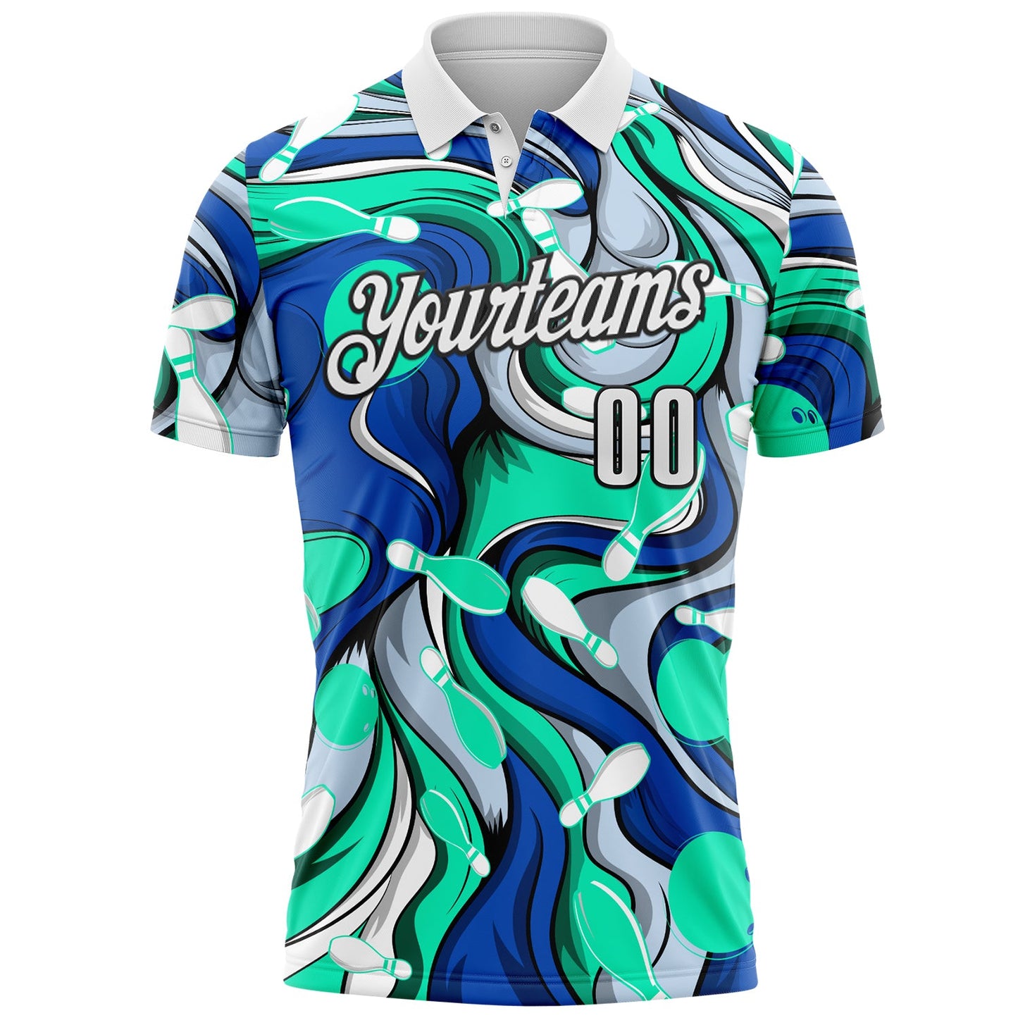 Custom Blue White Green-Black Bowling Fluid Liquid Performance Polo Shirt