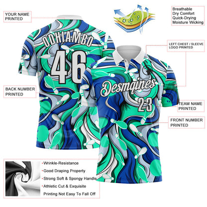 Custom Blue White Green-Black Bowling Fluid Liquid Performance Polo Shirt