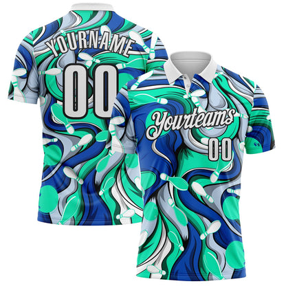 Custom Blue White Green-Black Bowling Fluid Liquid Performance Polo Shirt