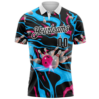 Custom Black Blue Red-White Bowling Strike Fluid Liquid Performance Polo Shirt