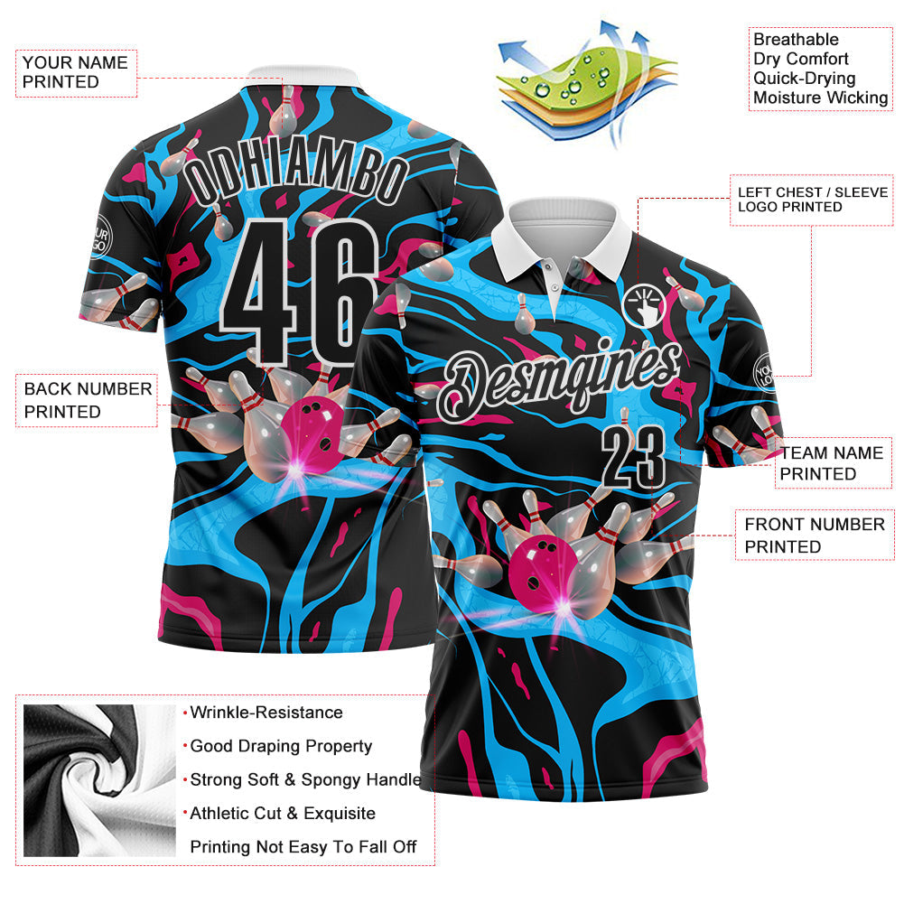Custom Black Blue Red-White Bowling Strike Fluid Liquid Performance Polo Shirt