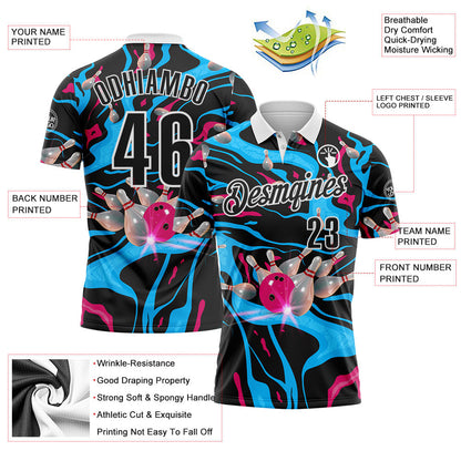Custom Black Blue Red-White Bowling Strike Fluid Liquid Performance Polo Shirt