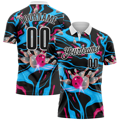 Custom Black Blue Red-White Bowling Strike Fluid Liquid Performance Polo Shirt