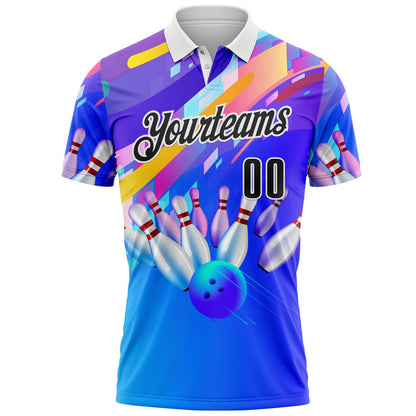 Custom Purple Black-White Bowling Strike Neon Performance Polo Shirt