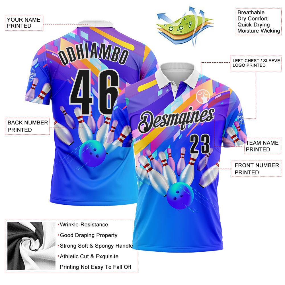 Custom Purple Black-White Bowling Strike Neon Performance Polo Shirt