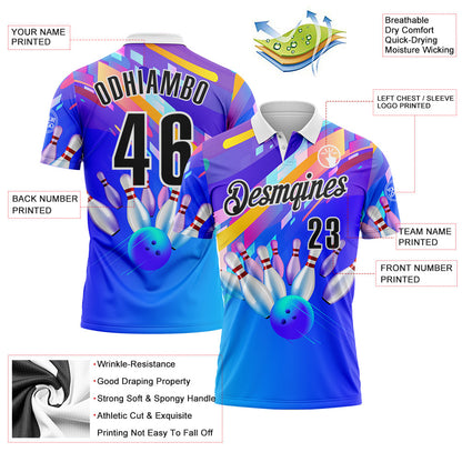 Custom Purple Black-White Bowling Strike Neon Performance Polo Shirt