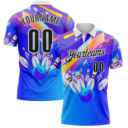 Custom Purple Black-White Bowling Strike Neon Performance Polo Shirt