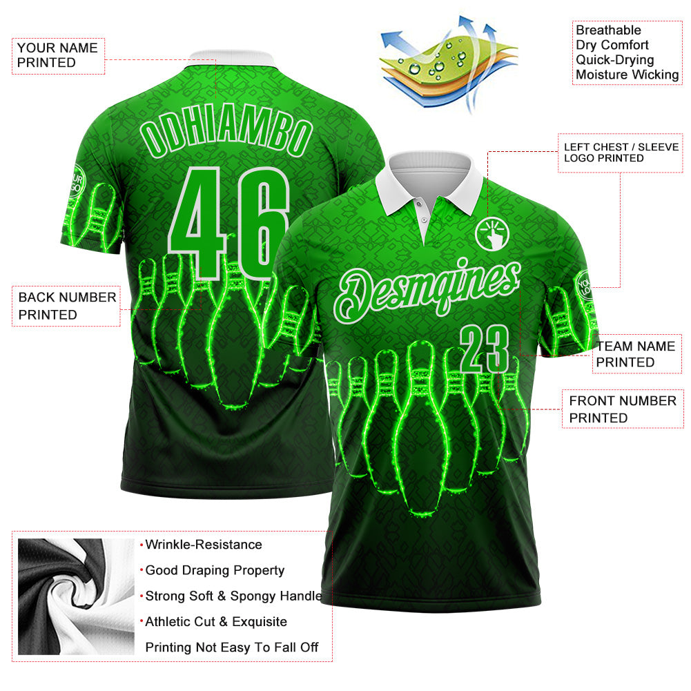 Custom Green Black-White Bowling Pins Neon Geometric Performance Polo Shirt