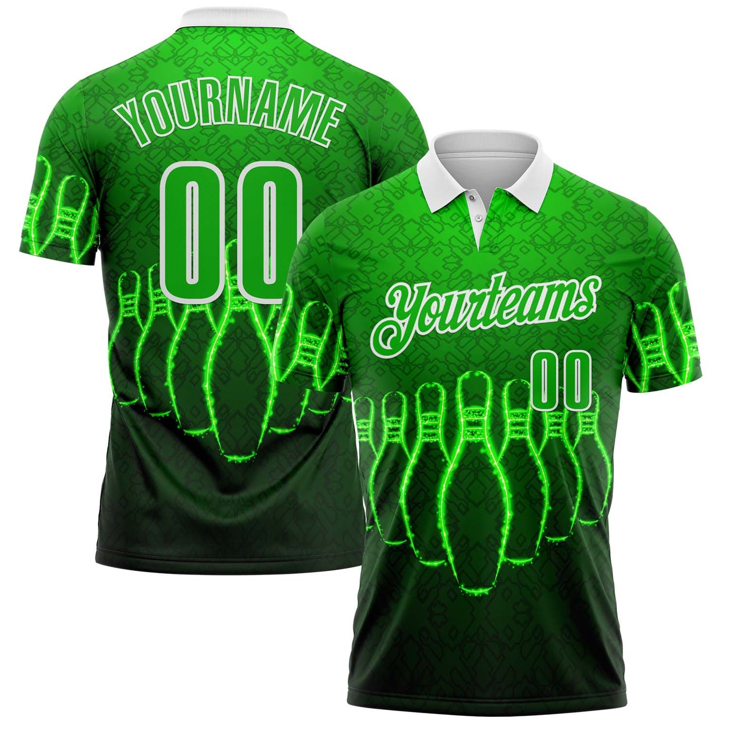 Custom Green Black-White Bowling Pins Neon Geometric Performance Polo Shirt