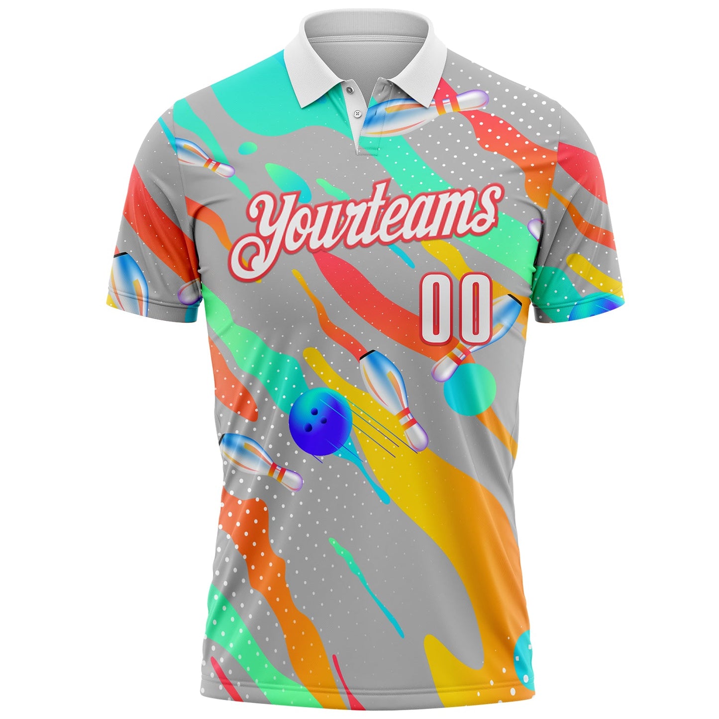 Custom Gray White Green Yellow-Red Bowling Fluid Liquid Performance Polo Shirt