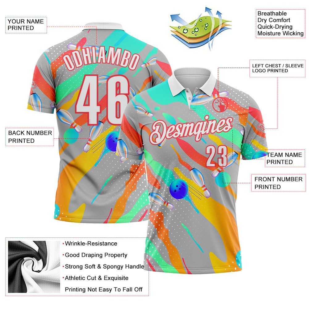 Custom Gray White Green Yellow-Red Bowling Fluid Liquid Performance Polo Shirt