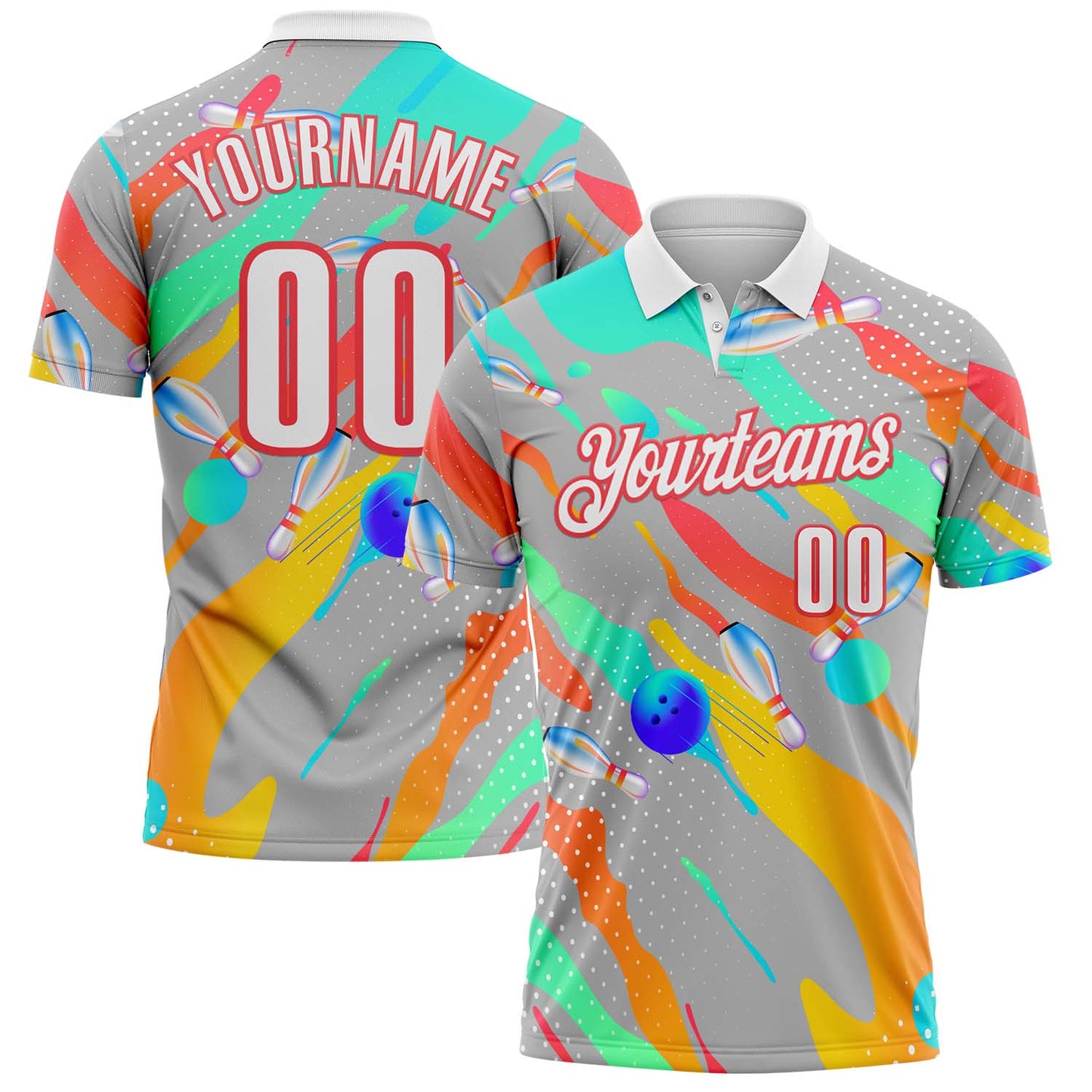 Custom Gray White Green Yellow-Red Bowling Fluid Liquid Performance Polo Shirt