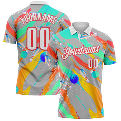 Custom Gray White Green Yellow-Red Bowling Fluid Liquid Performance Polo Shirt