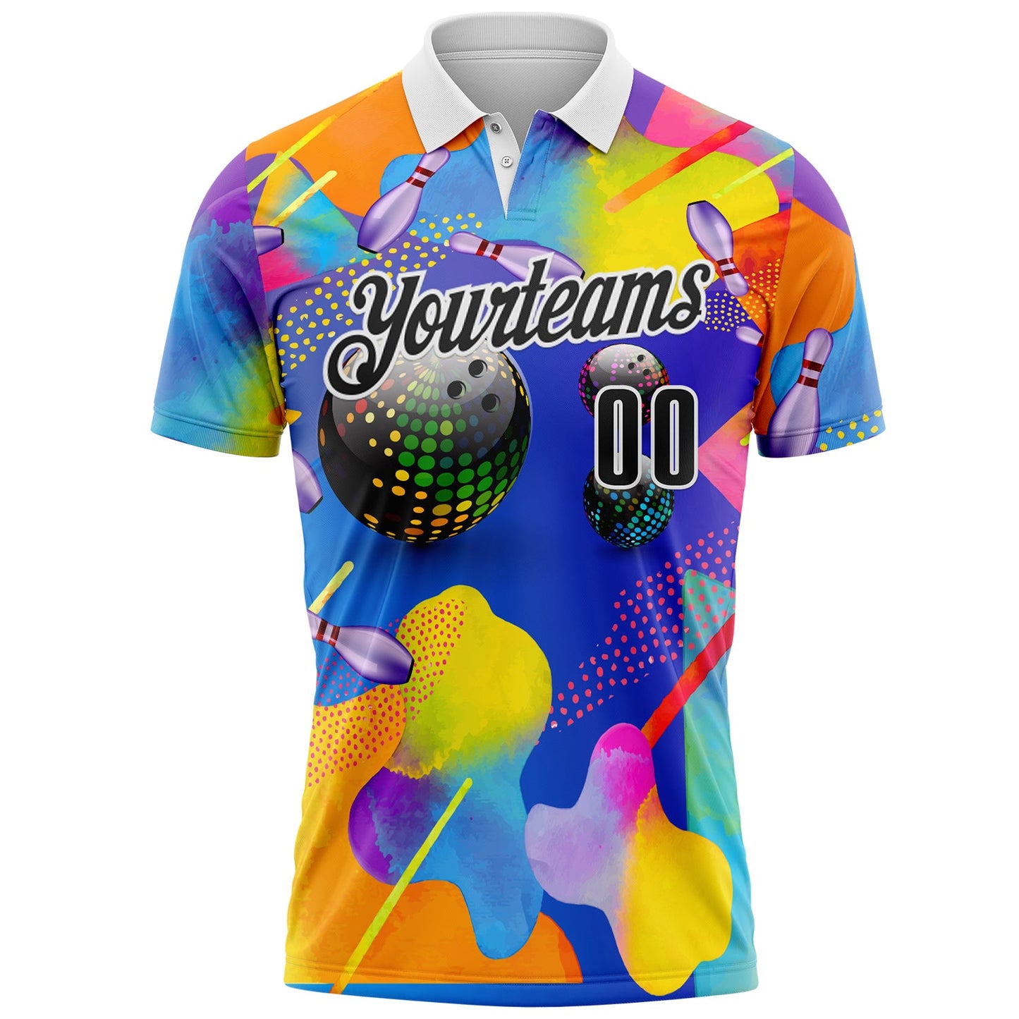 Custom Purple Black-White Bowling Neon Color Splash Performance Polo Shirt