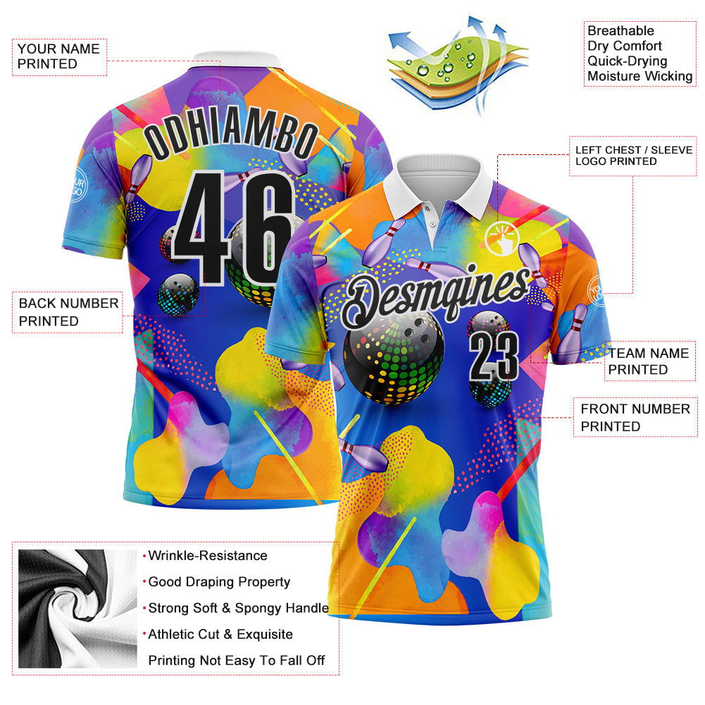 Custom Purple Black-White Bowling Neon Color Splash Performance Polo Shirt