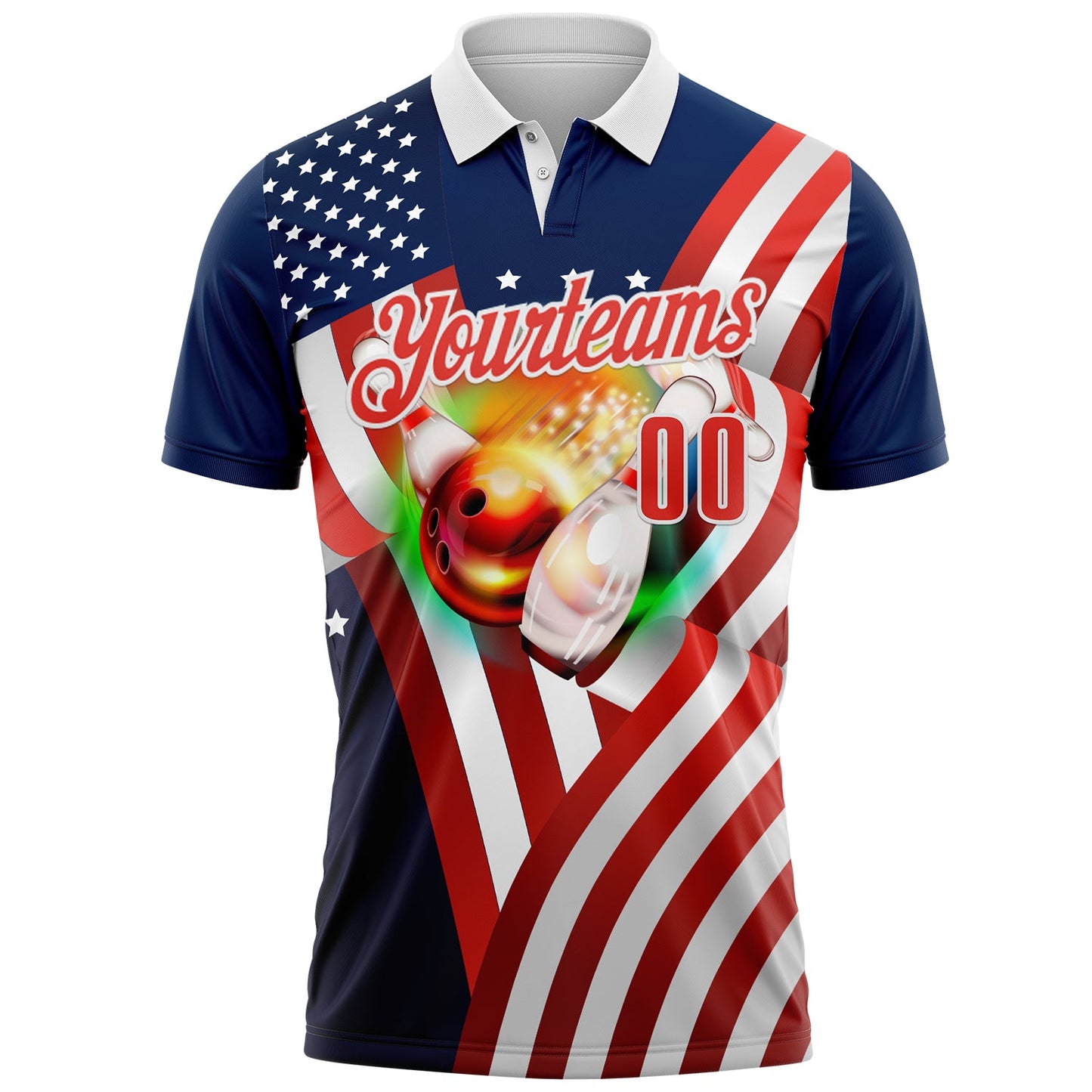Custom Blue Red-White Bowling Strike American Flag Performance Polo Shirt