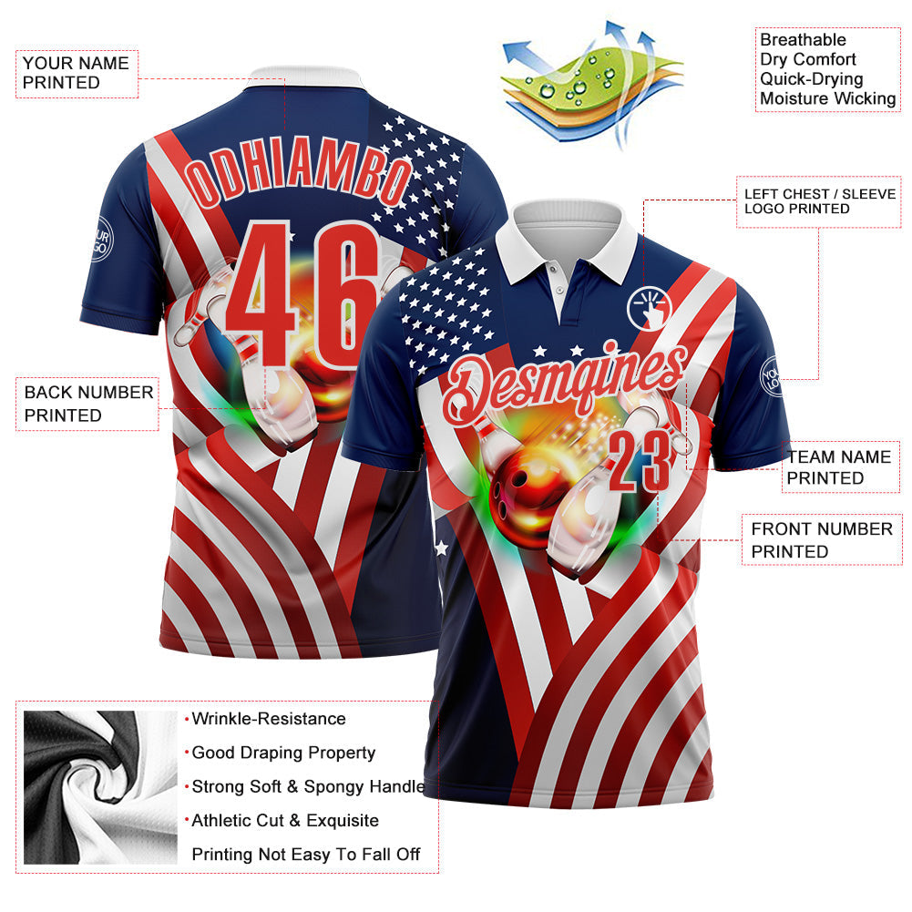 Custom Blue Red-White Bowling Strike American Flag Performance Polo Shirt