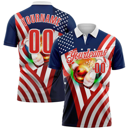 Custom Blue Red-White Bowling Strike American Flag Performance Polo Shirt