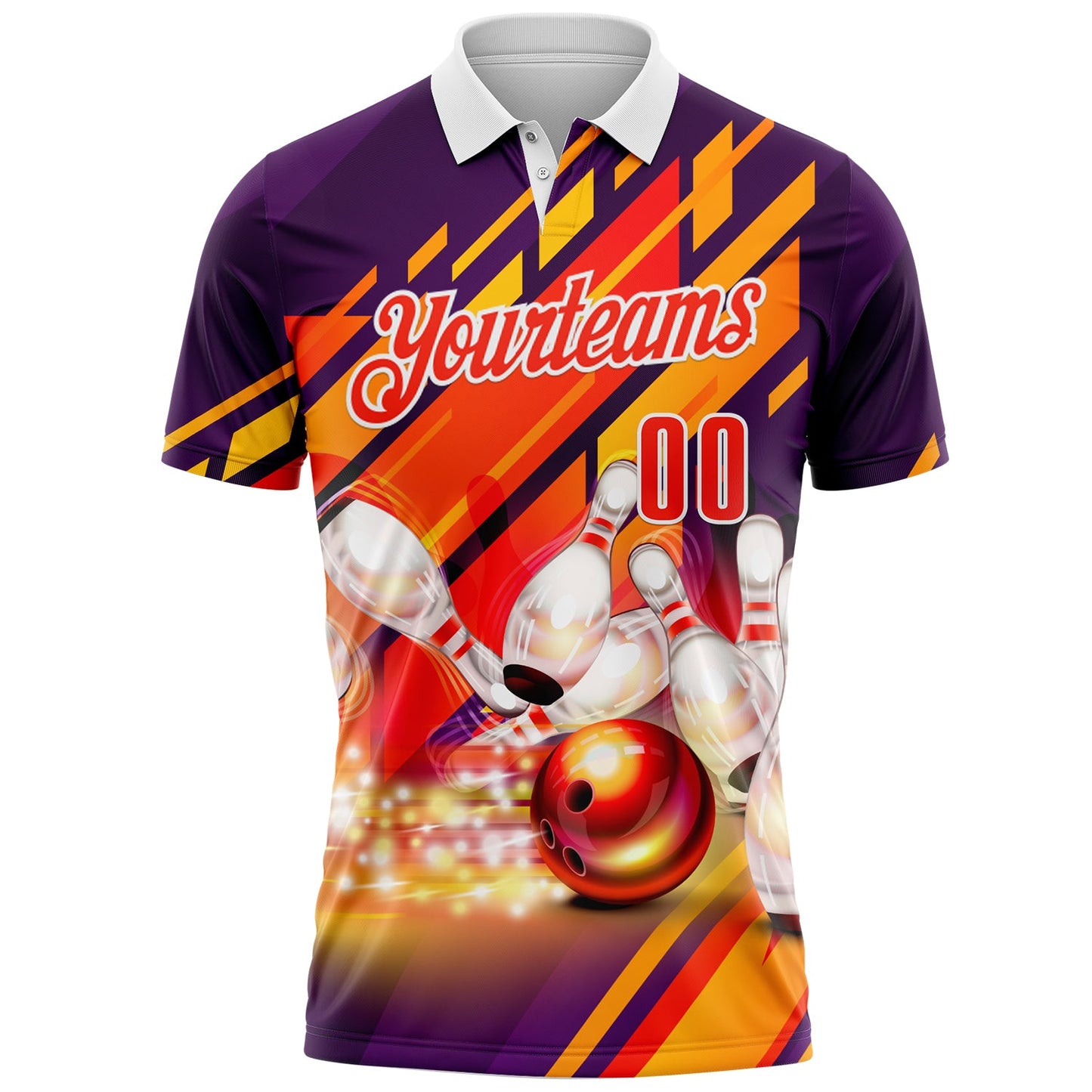 Custom Purple Orange-White Bowling Strike Colorful Performance Polo Shirt