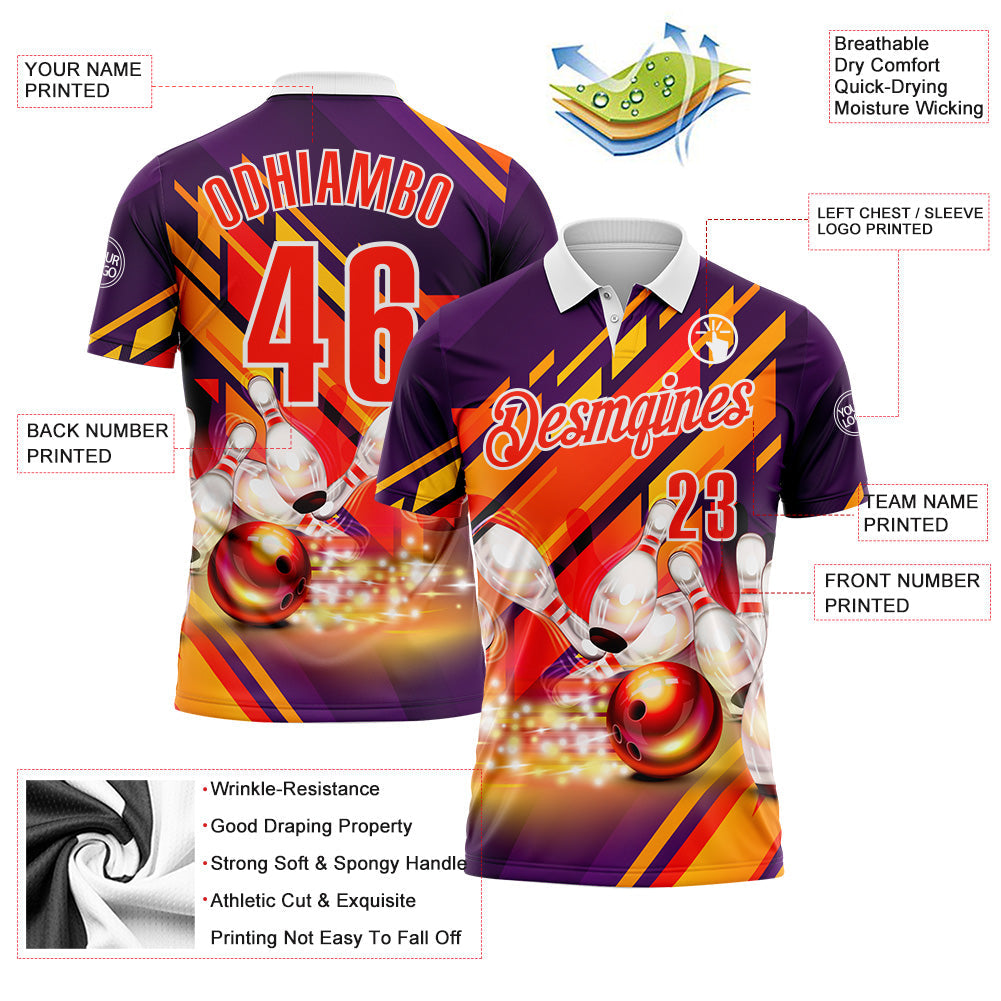 Custom Purple Orange-White Bowling Strike Colorful Performance Polo Shirt