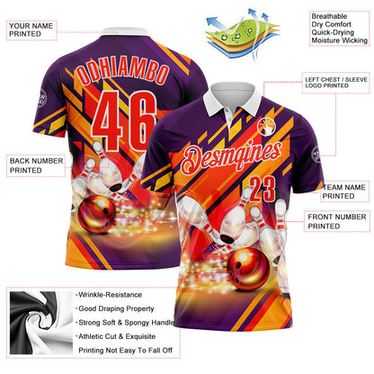 Custom Purple Orange-White Bowling Strike Colorful Performance Polo Shirt