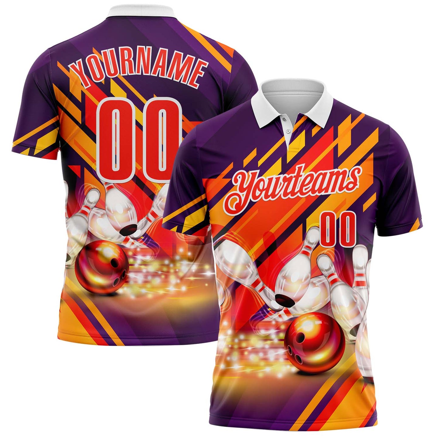Custom Purple Orange-White Bowling Strike Colorful Performance Polo Shirt
