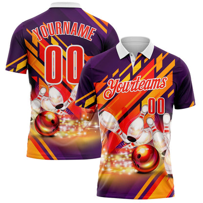 Custom Purple Orange-White Bowling Strike Colorful Performance Polo Shirt