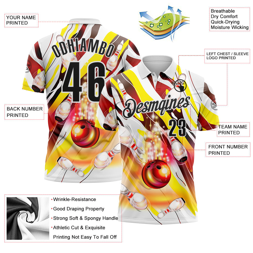 Custom White Black-Yellow Bowling Strike Colorful Performance Polo Shirt