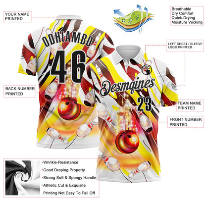 Custom White Black-Yellow Bowling Strike Colorful Performance Polo Shirt