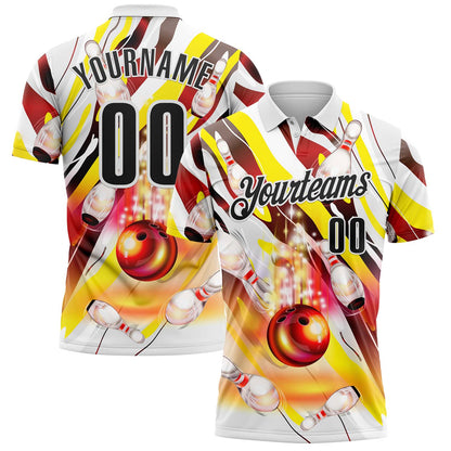 Custom White Black-Yellow Bowling Strike Colorful Performance Polo Shirt