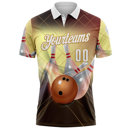 Custom Black White-Old Gold Bowling Strike Geometric Performance Polo Shirt