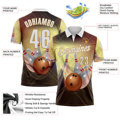 Custom Black White-Old Gold Bowling Strike Geometric Performance Polo Shirt
