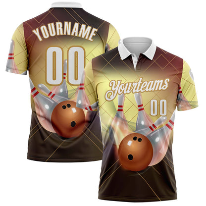 Custom Black White-Old Gold Bowling Strike Geometric Performance Polo Shirt