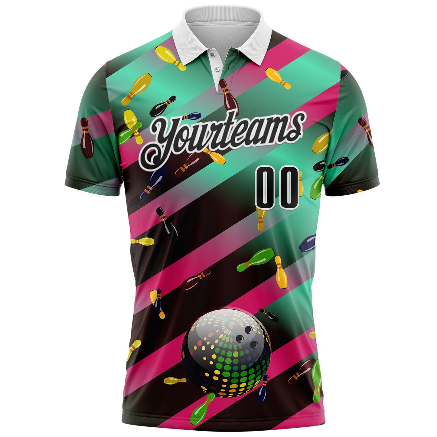 Custom Green Black Hot Pink-White Bowling Disco Neon Strip Performance Polo Shirt