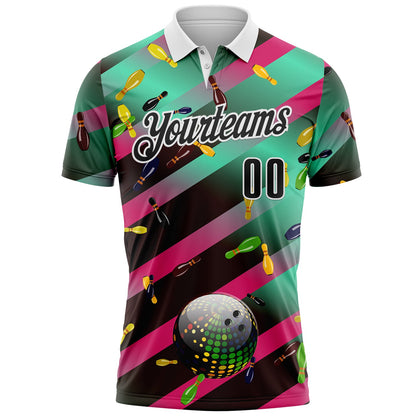 Custom Green Black Hot Pink-White Bowling Disco Neon Strip Performance Polo Shirt