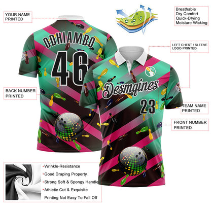 Custom Green Black Hot Pink-White Bowling Disco Neon Strip Performance Polo Shirt