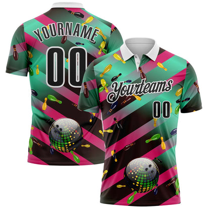 Custom Green Black Hot Pink-White Bowling Disco Neon Strip Performance Polo Shirt