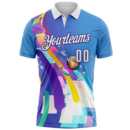 Custom Blue White-Dark Purple Bowling Disco Neon Geometric Performance Polo Shirt