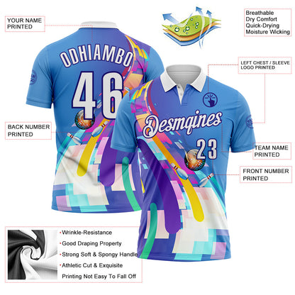 Custom Blue White-Dark Purple Bowling Disco Neon Geometric Performance Polo Shirt