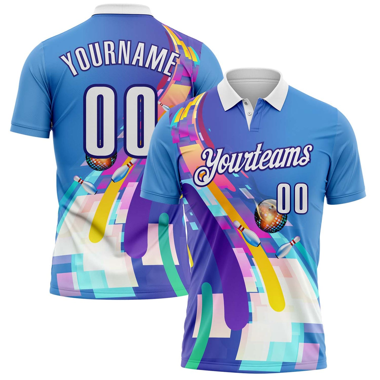 Custom Blue White-Dark Purple Bowling Disco Neon Geometric Performance Polo Shirt