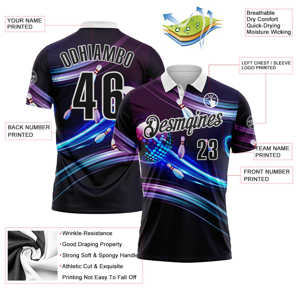 Custom Purple Black Blue-White Bowling Disco Neon Performance Polo Shirt