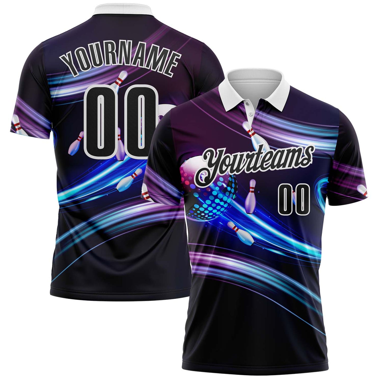 Custom Purple Black Blue-White Bowling Disco Neon Performance Polo Shirt