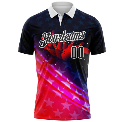Custom Navy Black Red-White Bowling Strike American Inspired Performance Polo Shirt
